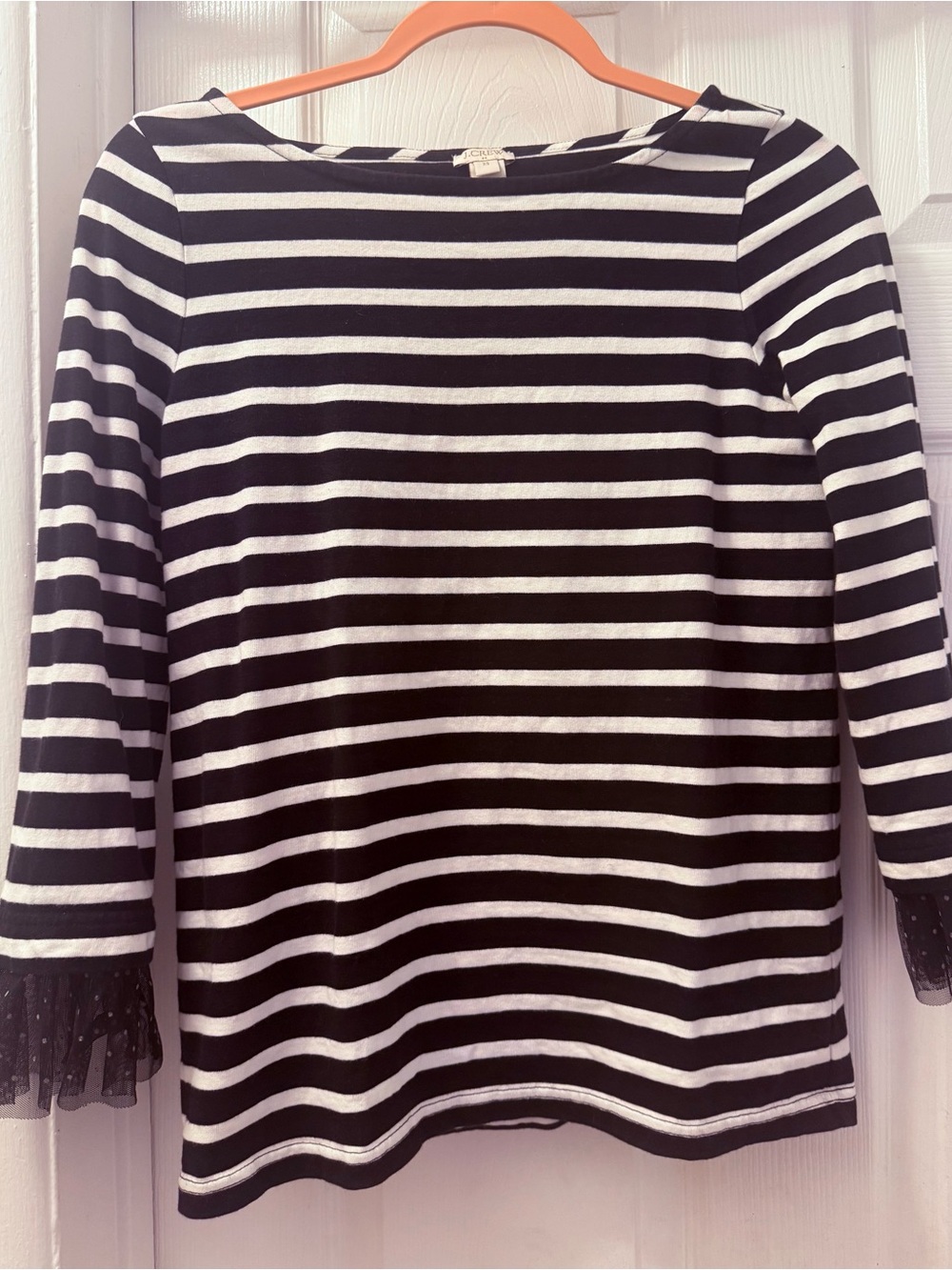 J.Crew Black & White Striped Top with Tulle Cuffs